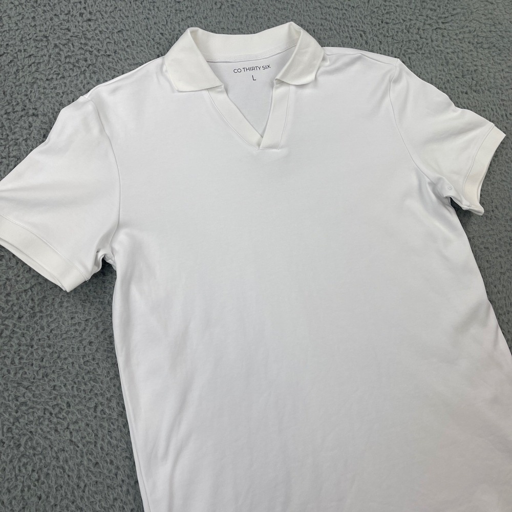 CO THIRTY SIX Polo Shirt Mens L White Johnny Collar V-Neck Stretch Cotton Blend